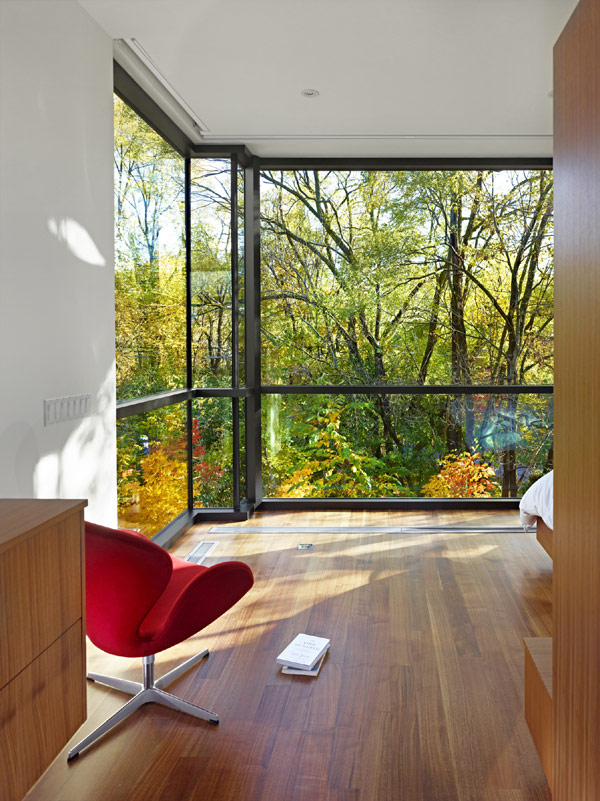 Cedarvale Ravine Interior Unique Cedarvale Ravine House Design Interior In Bedroom Space Decorated With Modern Red Small Sofa Furniture And Glass Wall Ideas Dream Homes Elegant And Modern Canadian Home With Open Plan Living Room