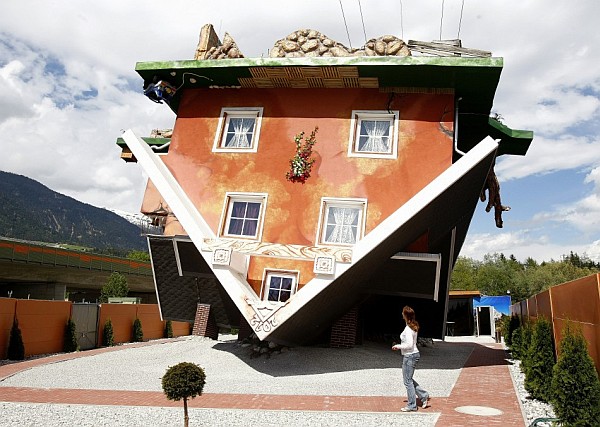 Facede View Daylight Unique Facade View At The Daylight In Upside Down House Terfens Austria That Used Face Pattern In Building Apartments Stunning And Beautiful Home Design Upside Down In Tornado