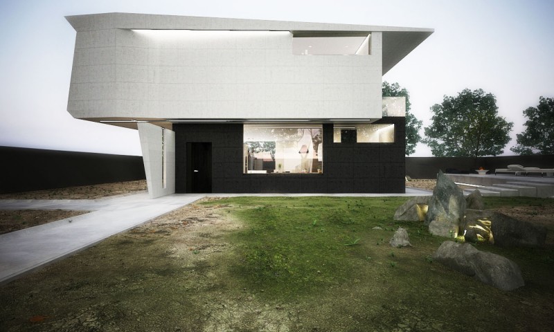 Shaped M Singera Unique Shaped M House In Singera Design Installed With White Black Painting And Green Turfs Beautified With Decorative Stones  Stunning Modern Home Design With Concrete Walls And Glass Materials