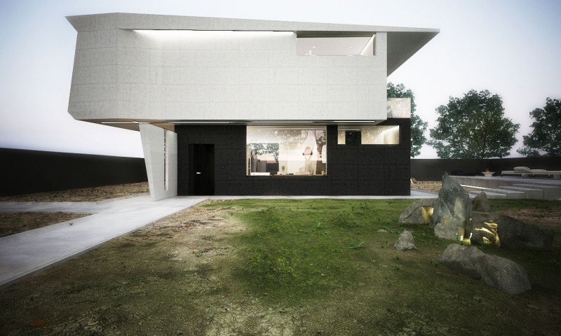 Shaped M Singera Unique Shaped M House In Singera Design Installed With White Black Painting And Green Turfs Beautified With Decorative Stones Kitchens Stunning Modern Home Design With Concrete Walls And Glass Materials