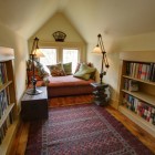 Shapes Curved In Unique Shapes Curved Table Lamps In Farmhouse Attic Bedroom Ideas With Cream Open Cabinets And Assorted Pattern Carpet Bedroom Elegant And Bright Bedroom Decoration With Glowing Sloped Ceilings