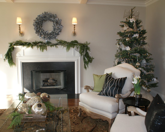 Living Room Designer Vintage Living Room With Simple Designer Christmas Tree Ornaments Warm Classic Fireplace With Greenery And Wreath Shiny Wall Lights Living Room Beautiful Christmas Tree Ornaments The Holy Greenery And Stunning Elements