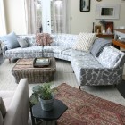 Styled Grey Sectional Vintage Styled Grey Patterned Curved Sectional Sofas Idea Completed With Patterned Pillows And Rattan Coffee Table Decoration 20 Pictures Of Contemporary Family Rooms With Sectional Sofas