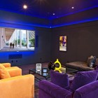 Eclectic Home Ideas Wonderful Eclectic Home Media Design Ideas With Purple Sofas Facing Glass Table And Large Of Led TV Which Turn On Decoration 20 Whimsical Purple Sofa Furniture For Gorgeous Interior Appearance