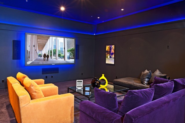 Eclectic Home Ideas Wonderful Eclectic Home Media Design Ideas With Purple Sofas Facing Glass Table And Large Of Led TV Which Turn On Decoration 20 Whimsical Purple Sofa Furniture For Gorgeous Interior Appearance