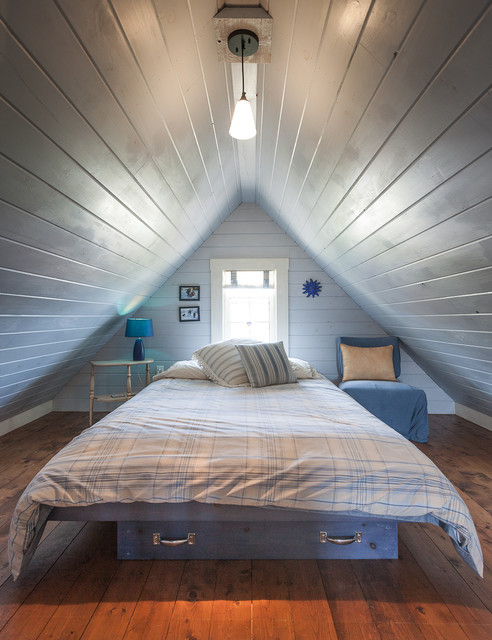 Gray Striped Attic Wonderful Gray Striped Ceiling For Attic Bedroom Ideas In Wooden Themes Involved Tulip Shaped Pendant Lamp And Gray Chair Beside The Bed Kids Room  Elegant And Bright Bedroom Decoration With Glowing Sloped Ceilings