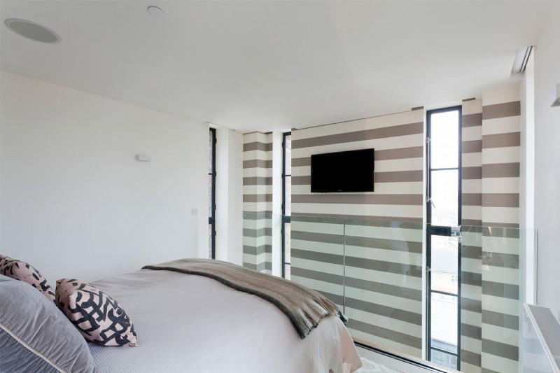 Light Gray Striped Wonderful Light Gray And White Striped Entertainment Wall Of The Water Tower Residence Bedroom Completed Glass Windows  An Old Water Tower Converted Into A Luminous Modern Home With Sliding Glass Walls