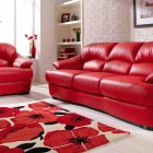 Modern Living Crimson Wonderful Modern Living Room With Crimson Red Leather Sofa White Wooden Floor And Several White Colored Wooden Shelf Furniture Outstanding Living Room Furnished With A Red Leather Couch Or Sofa Sets
