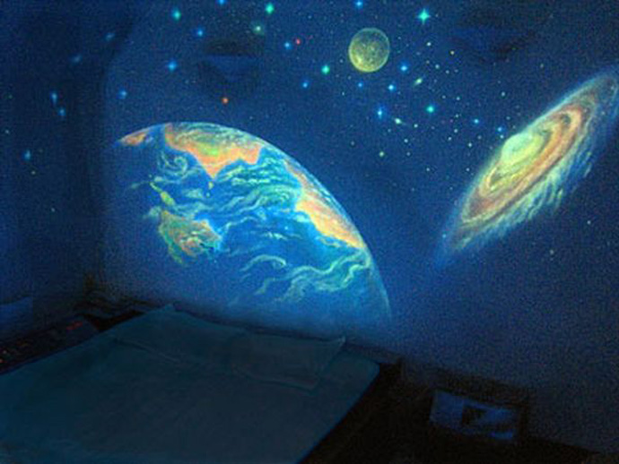 Outter Space In Wonderful Outer Space Themed Glow In The Dark Decal Installed On Center Part Of Home Bedroom For Teen Boy Dream Homes Stunning Bedroom Decoration With Glow In The Dark Paint Colors