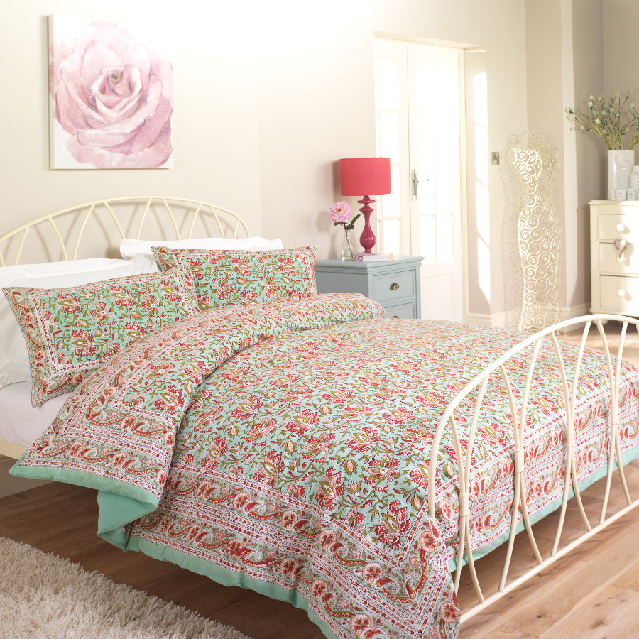 Patterned Traidcraft Duvet Wonderful Patterned Traidcraft Vintage Peony Duvet Set King Size On White Iron Bed Installed On Wooden Striped Floor  Cool And Lovely Bedroom Designs With Creative Duvet Covers