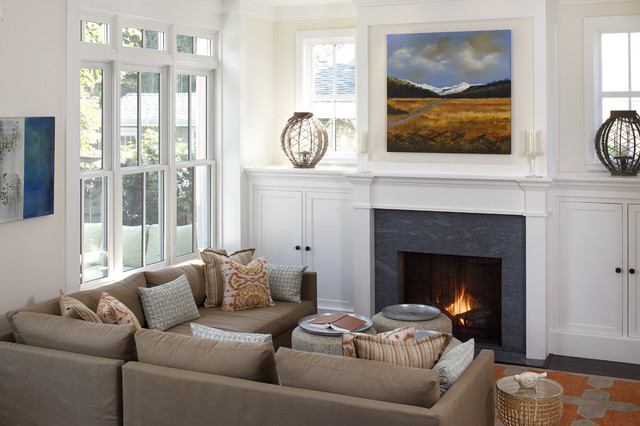Traditional Living With Wonderful Traditional Living Room Design With Brown Small Sectional Sofa And Black Mantle Of Fireplace  Cozy And Beautiful Sectional Sofa To Decorate Small Space Room
