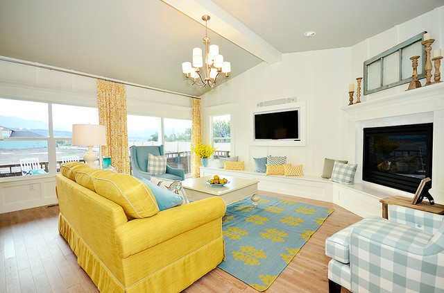 View By With Wonderful View By Living Room With Yellow Sofas Feat Blue Pillows Under The Pendant Lamps And White Wall Make Bright The Area Decoration 20 Eye-Catching Yellow Sofas For Any Living Room Of The Modern House