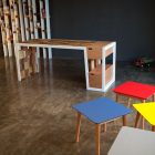 Application Oof To Amazing Application Of Colorful Stools To Contrast The Appearance Of Natural Reclaimed Wooden Desk And Bookcase Furniture Sophisticated Recycled Wooden Furniture For Preserving The Environment