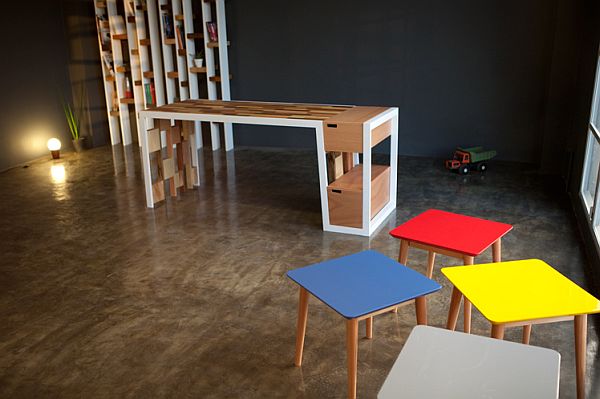 Application Oof To Amazing Application Of Colorful Stools To Contrast The Appearance Of Natural Reclaimed Wooden Desk And Bookcase Furniture Sophisticated Recycled Wooden Furniture For Preserving The Environment