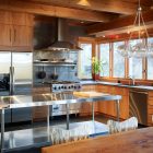 Industrial Stainless Tables Appealing Industrial Stainless Steel Kitchen Tables In Interesting Kitchen With Wooden Counter And Cabinets Kitchens Effective Stainless Steel Kitchen Tables For Commercial Kitchen