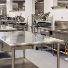Stainless Steel In Attractive Stainless Steel Kitchen Tables In Wide Industrial Kitchen With Glossy Counter And Wide Sink Kitchens Effective Stainless Steel Kitchen Tables For Commercial Kitchen