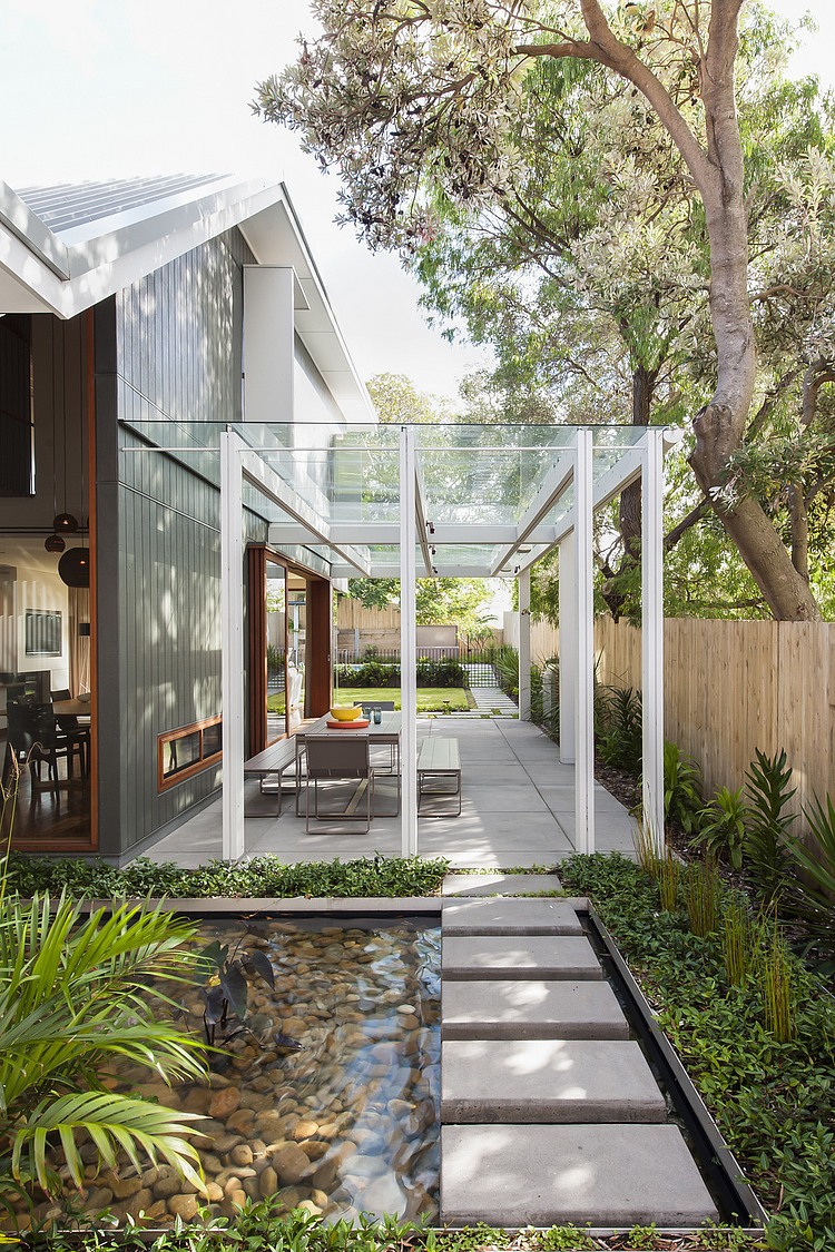 Landscape Garden Modern Awesome Landscape Garden Outside The Modern House With Natural Pond And Pebbles Also Concrete Pathway Architecture Sleek And Bright Contemporary Home With Cool Glass-Roofed Pergola