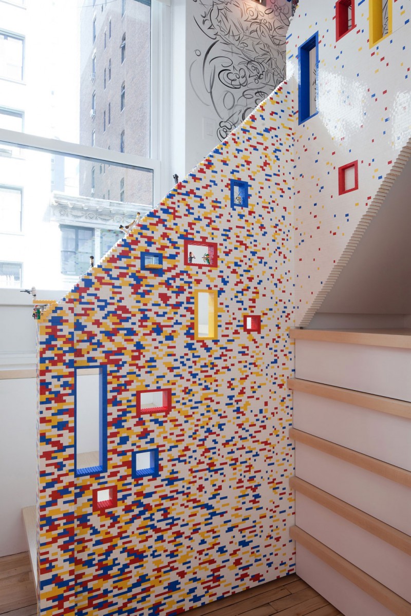 Colored Mosaic Over Cheerful Colored Mosaic Tiles Attached Over White Marks Caride Residence Staircase Balustrade To Improve Interior Decoration Bright Contemporary House With Thousands Of Colorful LEGO Blocks