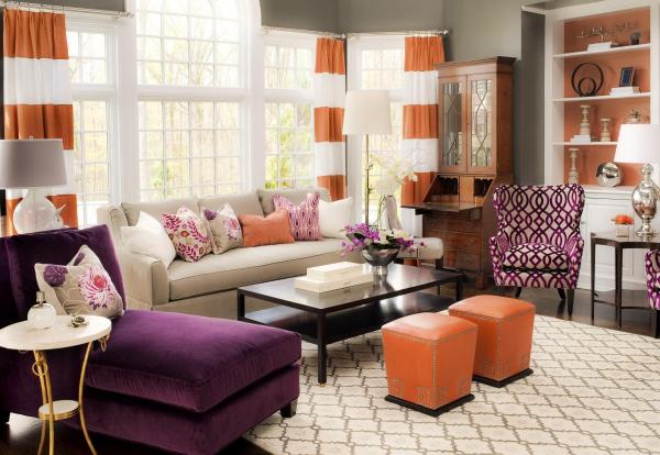Cream Patterned On Classic Cream Patterned Rug Put On Dark Flooring Enhanced With Purple Velvet Chaise Orange Stools And Cool Pillows Decoration Spectacular Home Interior Design With Vibrant Rug And Patterns