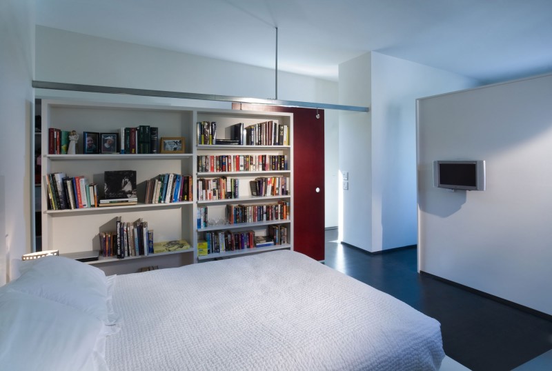 Bedroom With Dark Cozy Bedroom With Large Bookcase Dark Laminate Flooring Cushy White Bed With Soft Textured Quilt Shiny Bedside Tables Architecture  Marvelous Contemporary Wooden House With Fancy Terrace With Railings