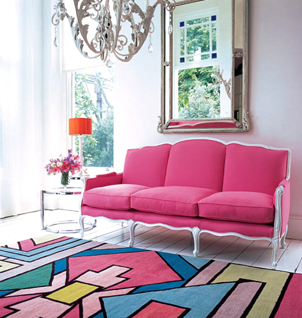 Tribe Rug On Feminine Tribe Rug Idea Put On Center Of Tiled Floor Displaying Pink To Match The Pink Sofa Idea Under Mirror Decoration Spectacular Home Interior Design With Vibrant Rug And Patterns