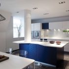 White And Kensington Incredible White And Blue Themed Kensington Penthouse Kitchen Idea Illuminated By Recessed Lamp And Cool Pendant Apartments Elegant Modern Penthouse With Bold Interior Decoration Themes