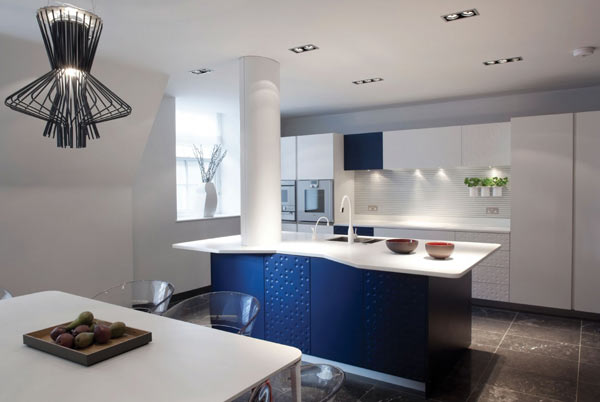 White And Kensington Incredible White And Blue Themed Kensington Penthouse Kitchen Idea Illuminated By Recessed Lamp And Cool Pendant Apartments Elegant Modern Penthouse With Bold Interior Decoration Themes