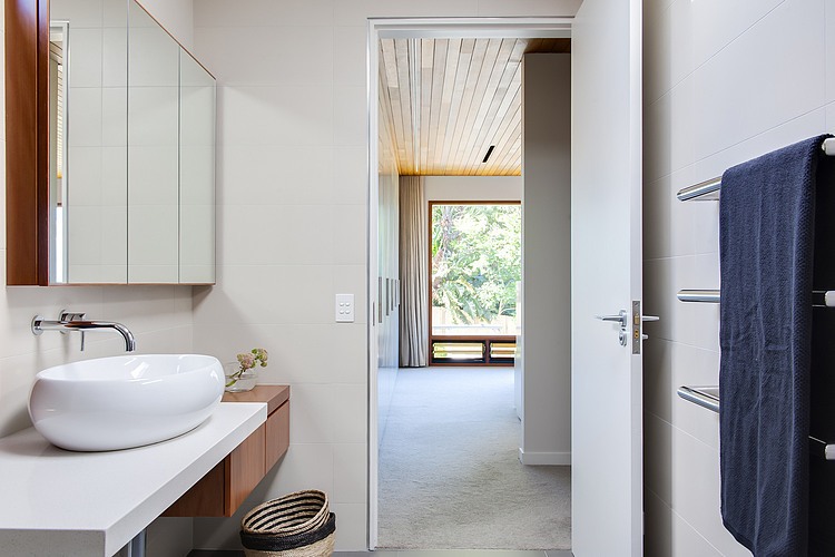 Bathroom Interior Floating Lavish Bathroom Interior Design With Floating Vanity Also Mirrored Storage Door Also Chrome Towel Bar At Modern House Architecture Sleek And Bright Contemporary Home With Cool Glass-Roofed Pergola