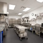 Stainless Steel In Long Stainless Steel Kitchen Tables In Stylish Industrial Kitchen With Grey Flooring And White Wall Kitchens Effective Stainless Steel Kitchen Tables For Commercial Kitchen