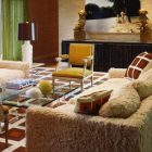 Home Family Designed Luxurious Home Family Room Interior Designed With Checkers Rug Put Under Ruffled Sofa And Yellow Chairs Set Decoration Spectacular Home Interior Design With Vibrant Rug And Patterns