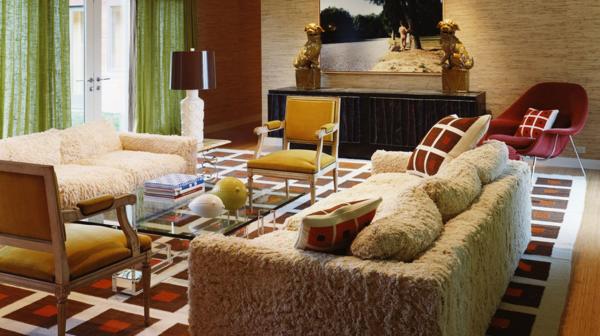 Home Family Designed Luxurious Home Family Room Interior Designed With Checkers Rug Put Under Ruffled Sofa And Yellow Chairs Set Decoration Spectacular Home Interior Design With Vibrant Rug And Patterns