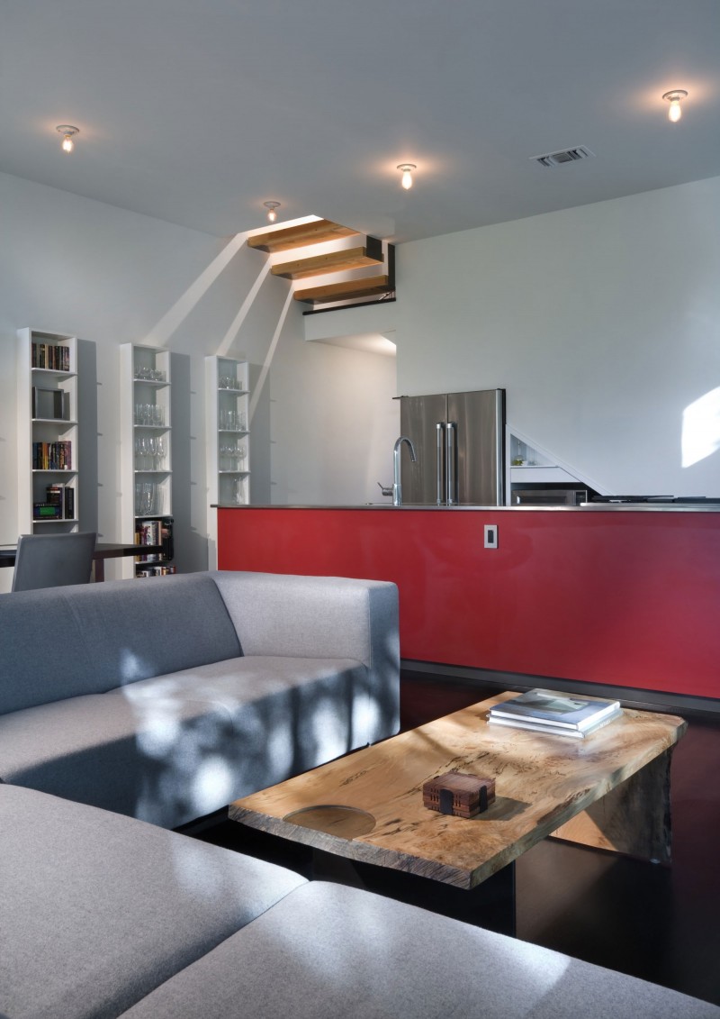 Rack Red Sparkling Minimalist Rack Red Kitchen Island Sparkling Ceiling Lights Rustic Wood Coffee Table Sectional Grey Sofa Dark Laminate Flooring Architecture Marvelous Contemporary Wooden House With Fancy Terrace With Railings