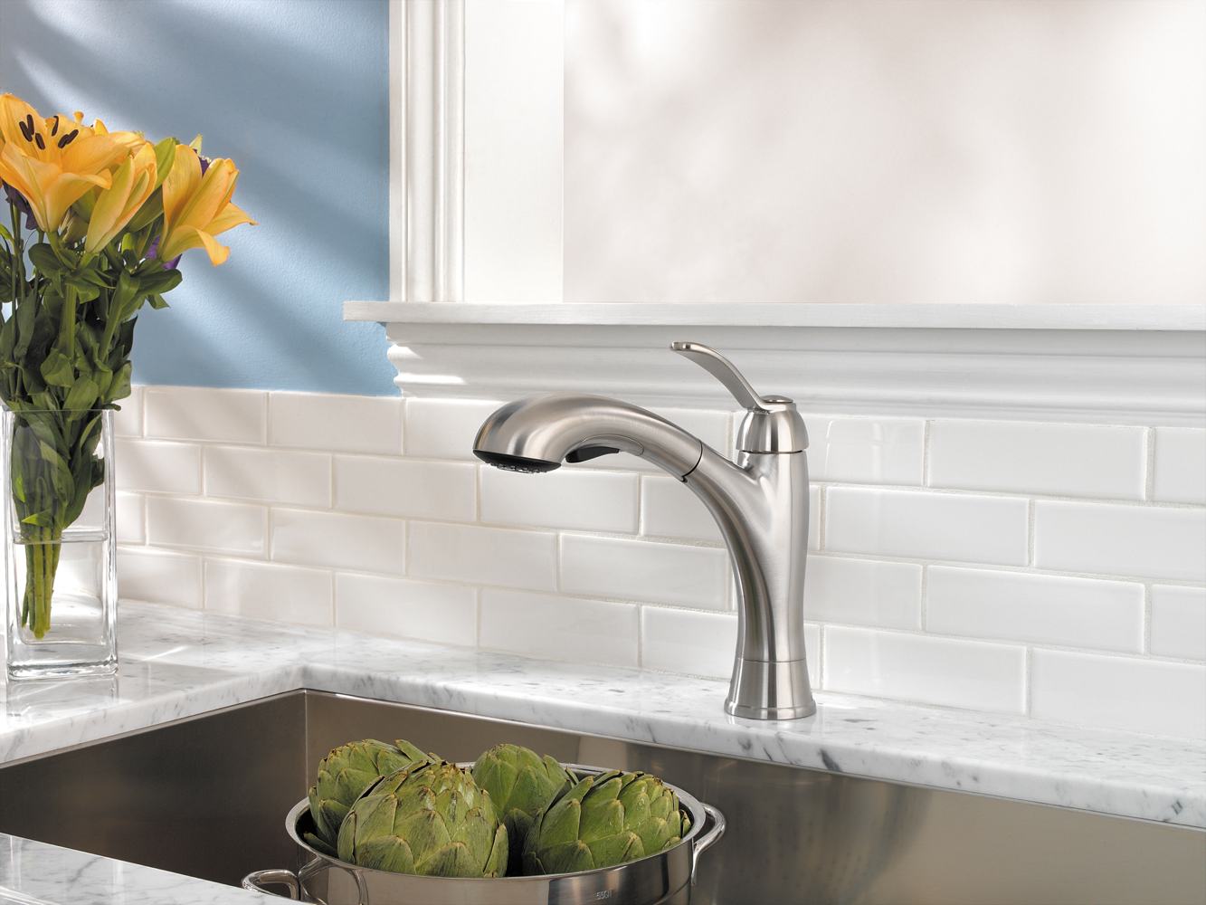 White Tile Appealing Minimalist White Tile Backsplash Beside Appealing Stainless Steel Kitchen Faucet And Wide Mounted Sink Kitchens 10 Stainless Steel Kitchen Faucet To Complement The Functionality