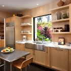 Wooden Counter In Minimalist Wooden Counter And Cabinets In Comfy Kitchen With Stainless Steel Kitchen Tables And Wicker Stools Kitchens Effective Stainless Steel Kitchen Tables For Commercial Kitchen
