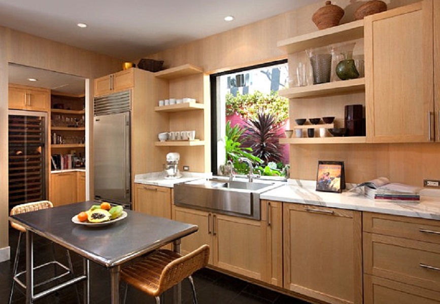 Wooden Counter In Minimalist Wooden Counter And Cabinets In Comfy Kitchen With Stainless Steel Kitchen Tables And Wicker Stools Kitchens Effective Stainless Steel Kitchen Tables For Commercial Kitchen