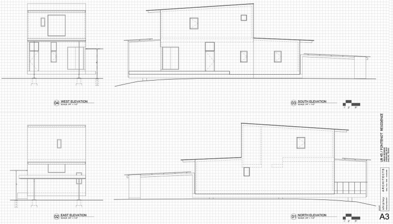 Blueprint Of Houseboat Simple Blueprint Of Like A Houseboat Residence Facade With West Elevation North Elevation South Elevation And East Elevation Architecture Marvelous Contemporary Wooden House With Fancy Terrace With Railings