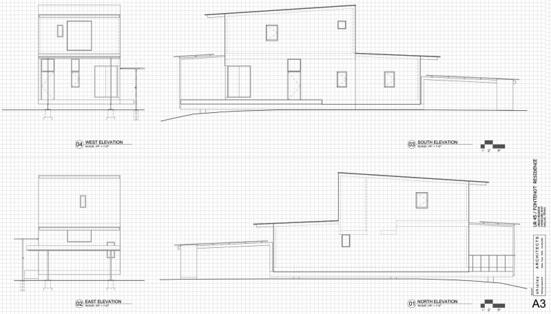 Blueprint Of Houseboat Simple Blueprint Of Like A Houseboat Residence Facade With West Elevation North Elevation South Elevation And East Elevation Architecture  Marvelous Contemporary Wooden House With Fancy Terrace With Railings