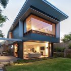Modern House With Stunning Modern House Exterior Design With Green Lawn At The Courtyard Also Concrete Pathway Ideas Architecture Sleek And Bright Contemporary Home With Cool Glass-Roofed Pergola