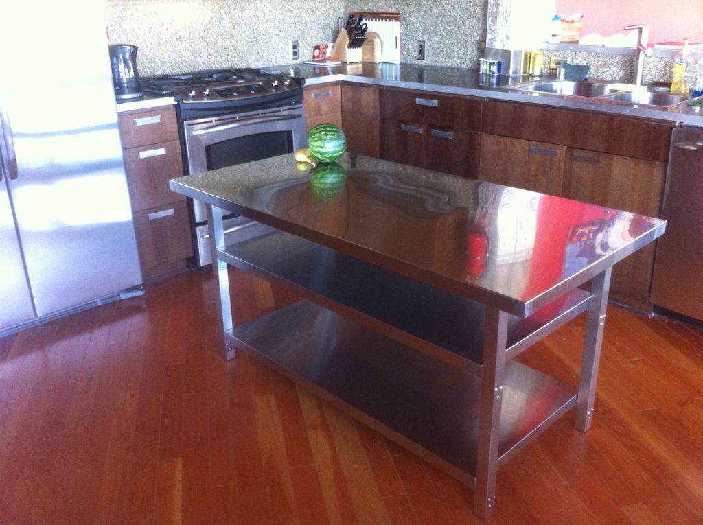 Wooden Counter Countertop Stylish Wooden Counter And Glossy Countertop Near Stainless Steel Kitchen Tables On Oak Flooring Outdoor Effective Stainless Steel Kitchen Tables For Commercial Kitchen