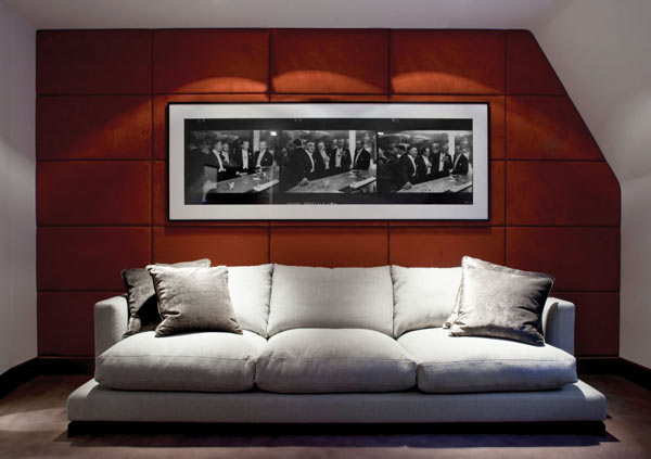 Printed Photo Padded Vintage Printed Photo Framed On Padded Center Wall Of Kensington Penthouse Living Room With Grey Sofa Idea Apartments Elegant Modern Penthouse With Bold Interior Decoration Themes