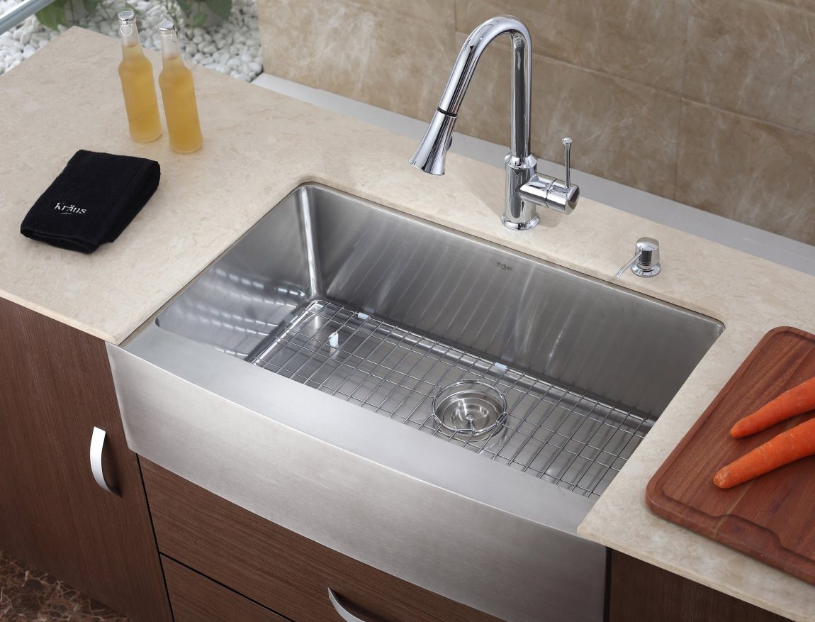 Glossy Sink Steel Wide Glossy Sink And Stainless Steel Kitchen Faucet On Wooden Counter And Quartz Top Furniture  10 Stainless Steel Kitchen Faucet To Complement The Functionality