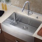 Glossy Sink Steel Wide Glossy Sink And Stainless Steel Kitchen Faucet On Wooden Counter And Quartz Top Kitchens 10 Stainless Steel Kitchen Faucet To Complement The Functionality (+10 New Images)