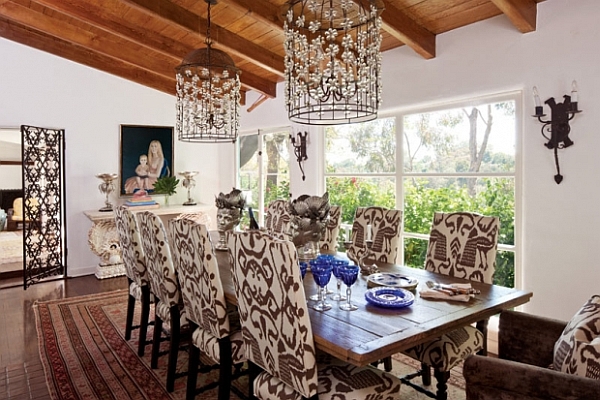 Dining Room Ikat Antique Dining Room With Chocolate Fabric Modern Chairs Design Used Crystal Chandelier Lighting Decoration Ideas For Inspiration Dining Room Comfortable Table Furniture Arrangement For A Dining Room Layout