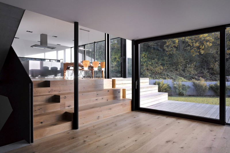 Wooden Floor With Appealing Wooden Floor Design Ideas With Glass Door Design Showing Outside View At The Zochental Residence Architecture  Creative Glass Facade Of Unconventional Contemporary House Appearance