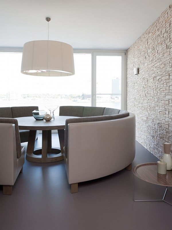 Apartement On Dining Awesome Apartment On The Waterfront Dining Room Furnished With Cool Curved Sofa And Round Dining Table Apartments Scandinavian Interior Design With Minimalist Round Dining Table