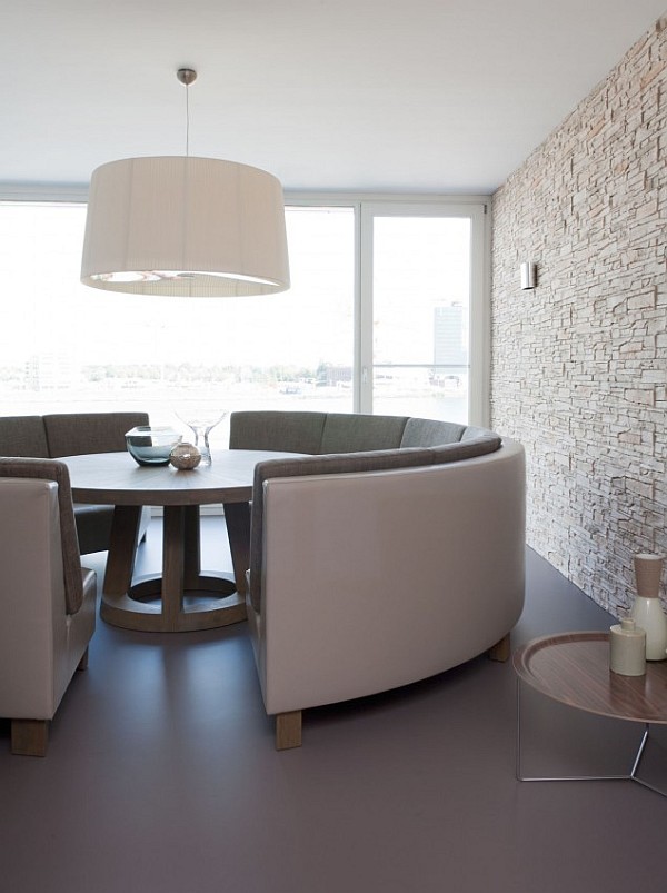 Apartement On Dining Awesome Apartment On The Waterfront Dining Room Furnished With Cool Curved Sofa And Round Dining Table Apartments  Scandinavian Interior Design With Minimalist Round Dining Table