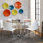Cb2 Silverado Table Charming CB2 Silverado Round Dining Table Furniture With White Chair And Glass Table Design In Modern Style Furniture Sophisticated Chairs And Table Furniture With Modern Chrome Accents
