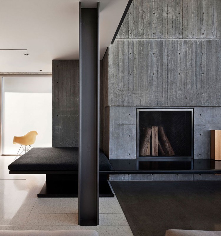 Graham Residence Patented Cool Graham Residence Interior Involving Patented Bench Connected With Fireplace Installed Inside Textured Stone Wall Dream Homes Creative Contemporary Home For Elegant And Unusual Cantilevered Appearance