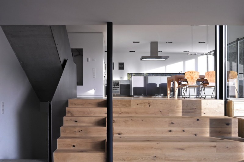 Wooden Stairwell Zochental Cool Wooden Stair Design In Zochental Residence That Connected The Kitchen Table Area And White Wall Add Nice The Wall Architecture Creative Glass Facade Of Unconventional Contemporary House Appearance