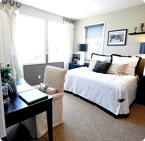 Guest Room Skirted Elegant Guest Room Design With Skirted Chair And Black Desk For Working Station Located To Opposite The Bed Frame Dream Homes  Stunning Modern Interior Design For Multi-Function Room